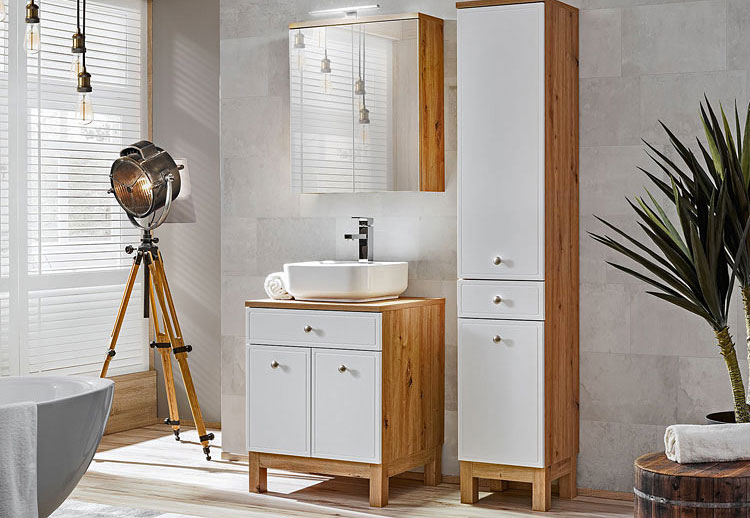 komplet mebli łazienkowych w stylu skandynawskim z szafką stojącą pod umywalkę nablatową