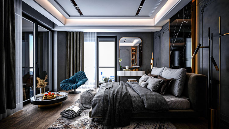 Duża sypialnia urządzona w stylu glamour w odcieniach szarości z elementami dekoracyjnymi w kolorze złotym