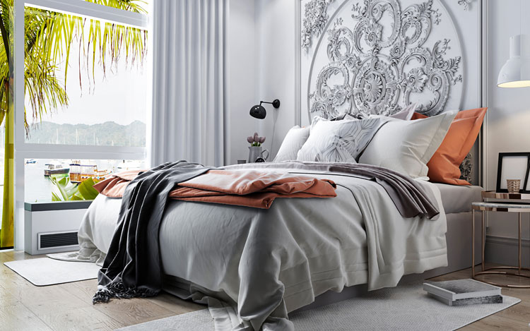 Sypialnia  w stylu glamour w jasnych kolorach 